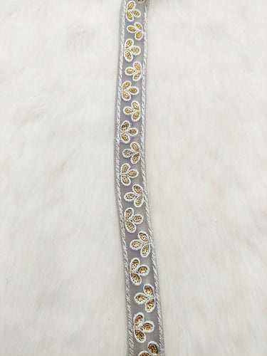 Wholesale Grey Net Lace Floral Embroidery & Glitter Gold Sequins, Indian Wedding Border, Gifting Ribbon Costume Trim Fashion Trimming